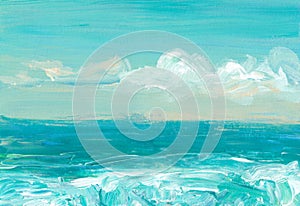 Sea landscape abstract painting. Acrylic pastel white and blue seascape art. Sunset on water modern art