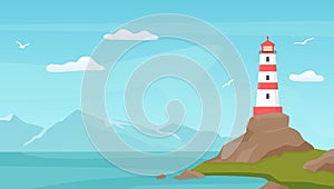 Sea landscape with beacon. Lighthouse tower on coast with rock. Cartoon blue sky with seagulls, shore, ocean waves and mountain