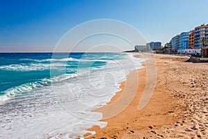 Sea landscape in Blanes, Catalonia, Spain near of Barcelona. Scenic town with nice sand beach and clear blue water in beautiful