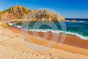 Sea landscape in Blanes, Catalonia, Spain near of Barcelona. Scenic town with nice sand beach and clear blue water in beautiful