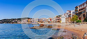 Sea landscape with Calella de Palafrugell, Catalonia, Spain near of Barcelona. Scenic fisherman village with nice sand beach and