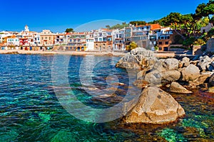 Sea landscape with Calella de Palafrugell, Catalonia, Spain near of Barcelona. Scenic fisherman village with nice sand beach and