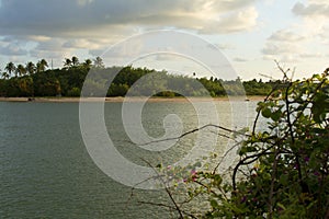 Sea landscape with clouds and forest mountains in CamaÃ§ari (BA