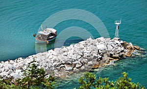 Sea landscape, fisshing boat in the sea