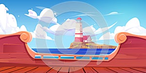 Sea landscape with lighthouse on island, ship deck