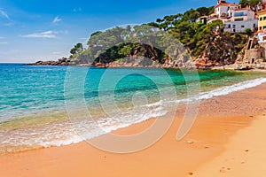 Sea landscape Llafranc near Calella de Palafrugell, Catalonia, Barcelona, Spain. Scenic old town with nice sand beach and clear