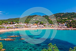 Sea landscape Llafranc near Calella de Palafrugell, Catalonia, Barcelona, Spain. Scenic old town with nice sand beach and clear photo