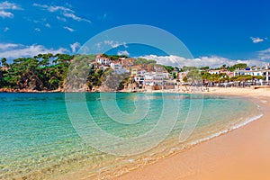 Sea landscape Llafranc near Calella de Palafrugell, Catalonia, Barcelona, Spain. Scenic old town with nice sand beach and clear photo