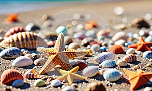 sea landscape, lots of shells, starfish and sea inhabitants