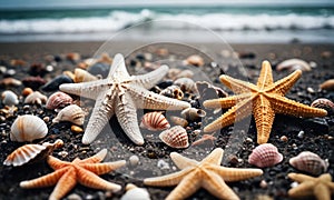 sea landscape, lots of shells, starfish and sea inhabitants