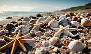 sea landscape, lots of shells, starfish and sea inhabitants