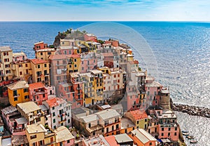 Sea landscape in Manarola village, Cinque Terre coast of Italy. Scenic beautiful small town in the province of La Spezia, Liguria