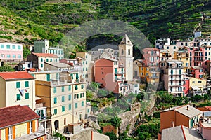 Sea landscape in Manarola village, Cinque Terre coast of Italy. Scenic beautiful small town in the province of La Spezia, Liguria