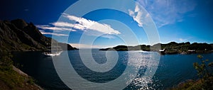 Sea landscape of Nusfjord village and harbour at flakstadoya Island , Lofoten , Norway