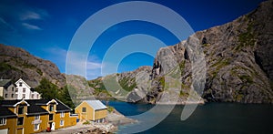Sea landscape of Nusfjord village and harbour at flakstadoya Island , Lofoten , Norway