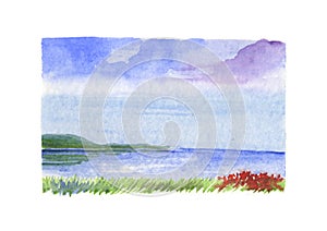 Sea landscape with red flowers - watercolour