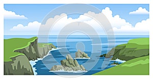 Sea landscape with rocky coastlines, rocks, cliffs, stones, blue sky with big fluffy clouds.