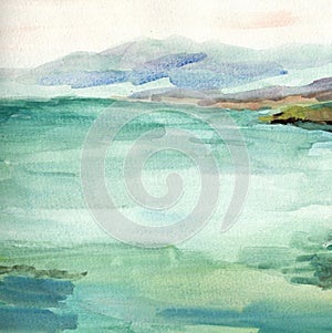 Sea landscape, sea side, beach. Beautiful watercolor hand painting illustration