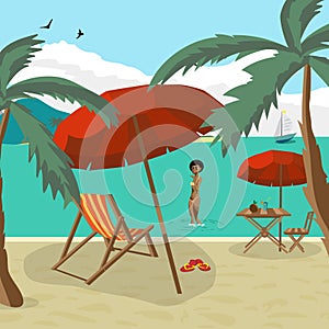 Sea landscape summer beach, palm tree, sun umbrellas