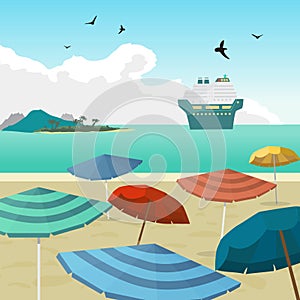 Sea landscape summer beach parasols, umbrellas, cruise ship.