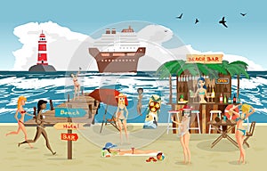 Sea landscape summer beach. Vector cartoon flat illustration