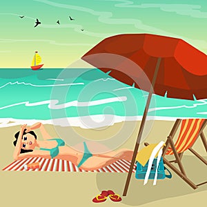 Sea landscape summer beach. Young woman in bikini sunbathing
