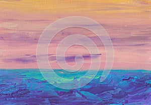 Sea landscape sunset abstract painting. Acrylic pastel pink, purple seascape art. Sunset on water modern art