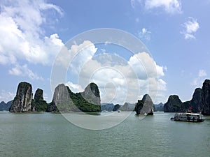 Sea landscape with Tourist boat in Halong Bay Vietnam