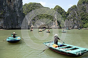 Sea landscape with Tourist Gondola boat in Halong Bay Vietnam