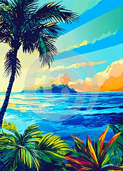Sea landscape with tropical beach, ocean seashore. Paradise island panorama with palm tree and sky, exotic resort summer vacation.