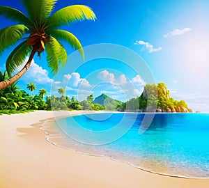 Sea landscape with tropical beach, ocean seashore. Paradise island panorama with palm tree and sky, exotic resort summer vacation.