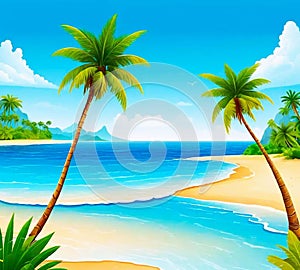 Sea landscape with tropical beach, ocean seashore. Paradise island panorama with palm tree and sky, exotic resort summer vacation.