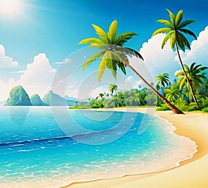 Sea landscape with tropical beach, ocean seashore. Paradise island panorama with palm tree and sky, exotic resort summer vacation.