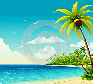 Sea landscape with tropical beach, ocean seashore. Paradise island panorama with palm tree and sky, exotic resort summer vacation.