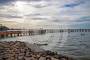 Sea landscape with unfinished piers photo