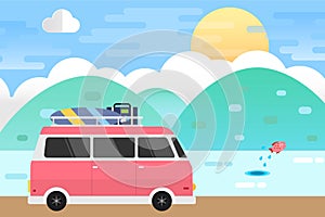 Sea Landscape and Van Car Travel. Vector Illustration Flat Design Background