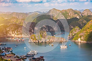 Sea landscape in Vietnam with many small islands and boats. View from above