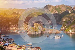 Sea landscape in Vietnam with many small islands and boats. View from above