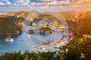 Sea landscape in Vietnam with many small islands and boats. View from above