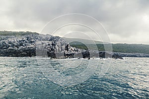 Sea Landscape Waves Crashing against the Rocky Shoreline, Cloudy Sky