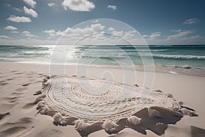 Sea landscape with the white sand. Mandala carpet on the beach.