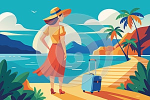 sea landscape woman in summer clothing with suitcase on vacation-