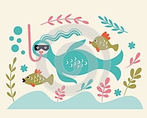 Sea lif, cute mermaid and fishes, snorkeling. Vector illustration