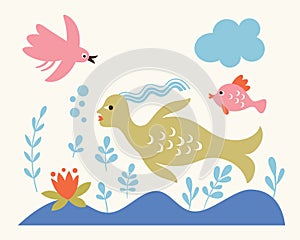 Sea lif, cute mermaid and fishes. Vector illustration