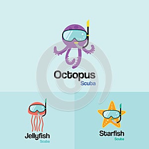 Sea life Animal Scuba Logo Template. Octopus, Jellyfish, Starfi