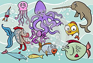 Sea life animals group cartoon illustration