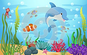 Sea life animals with ocean scene . Cartoon style . Vector