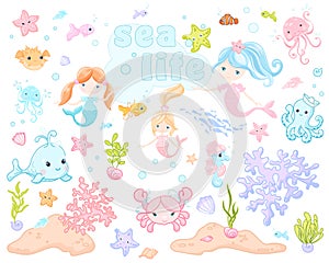 Sea life animals underwater colorful clipart vector illustration