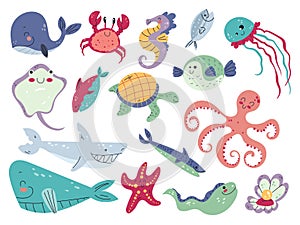 Sea life. Baby cute marine animals, underwater world inhabitants, tropical ocean fauna, cartoon whales, crab and octopus