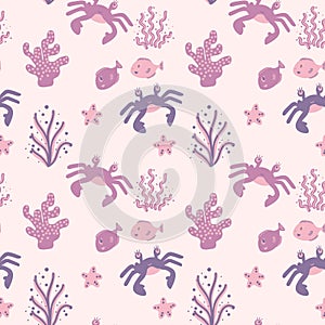 Sea life background in color. Edible seaweed seamless pattern. For print, menu design or textile. Vector illustration